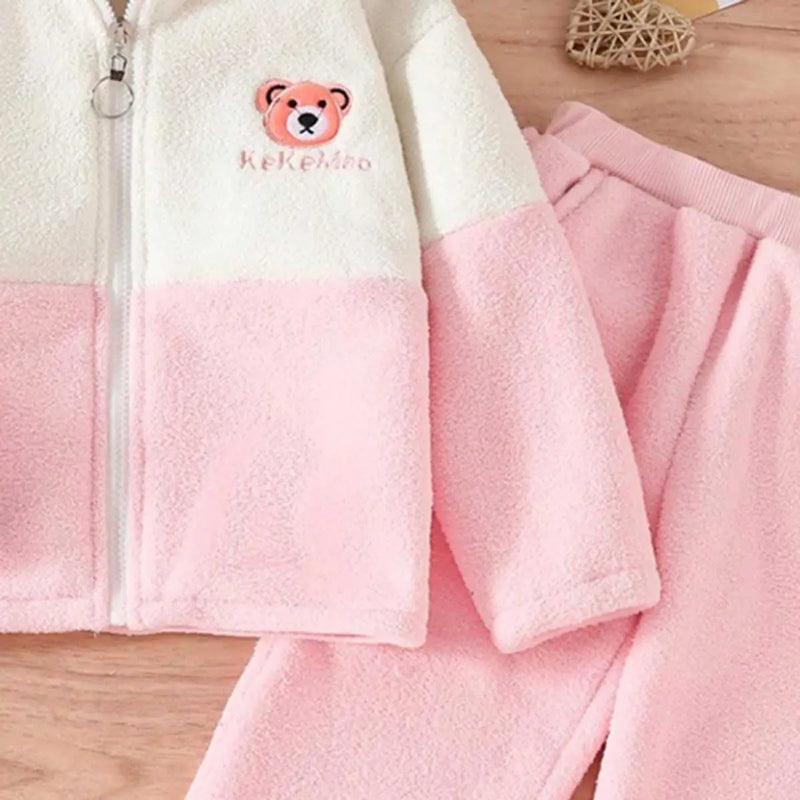 Girls Pink Bear Face Embroidered Hooded Zipper Jacket With Pants Sets 2 pc. Sets