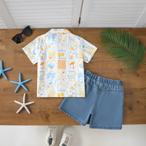 Boys Multicolor Tropical Print Short Sleeve Shirt With Denim Shorts Sets 2 pc. Sets