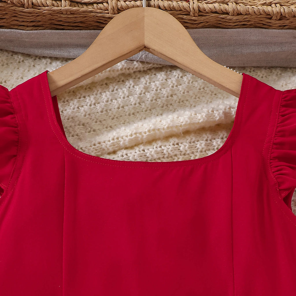 Girls Red Solid Summer Tiered Dress With Bow Details Casual Dresses