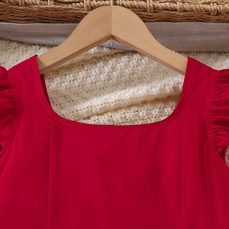Girls Red Solid Summer Tiered Dress With Bow Details Casual Dresses