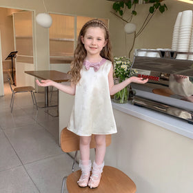 Girls Cream Bow Applique Sleeveless A-Line Dress Casual Dresses Cream 1-2 Y