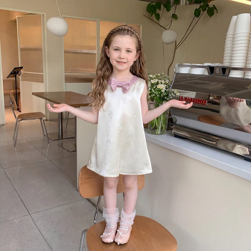 girls cream dress Girls Cream Bow Motif A-Line Dress