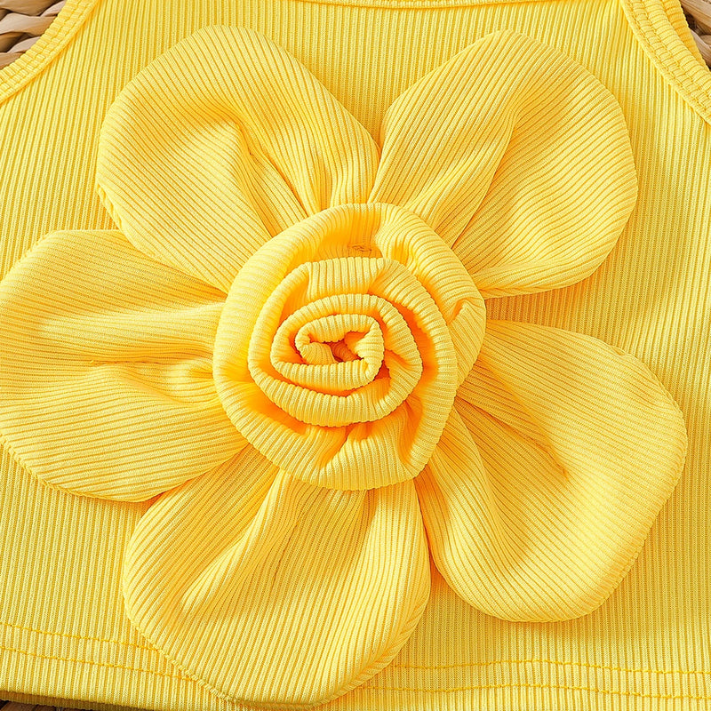 Girls Yellow 3D Flower applique Sleeveless Cami Top With Printed Denim Shorts Sets 2 pc. Sets