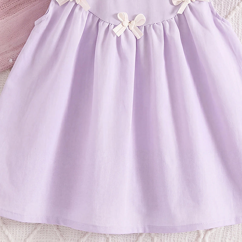 Girls Lavender Bow Applique Flutter Sleeve A-Line Dress Casual Dresses