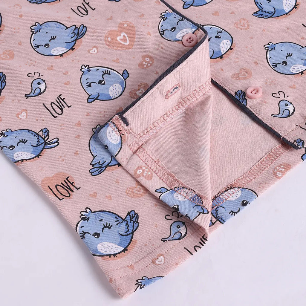 Girls Peach Bird Print Short Sleeve Shirt With Elasticated Pants Sets Sets