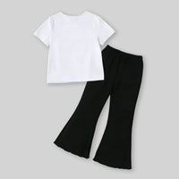 Girls White Butterfly Printed Short Sleeves T-Shirt With Wide-leg Pants Sets Sets