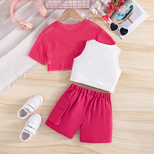 Girls Pink Mesh Short Sleeves Top With Tank Top And Shorts Set Sets Pink 2-3 Y