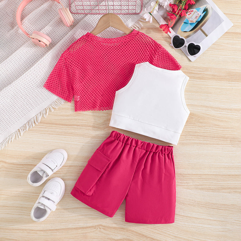 Girls Pink Mesh Short Sleeves Top With Tank Top And Shorts Set Sets Pink 2-3 Y