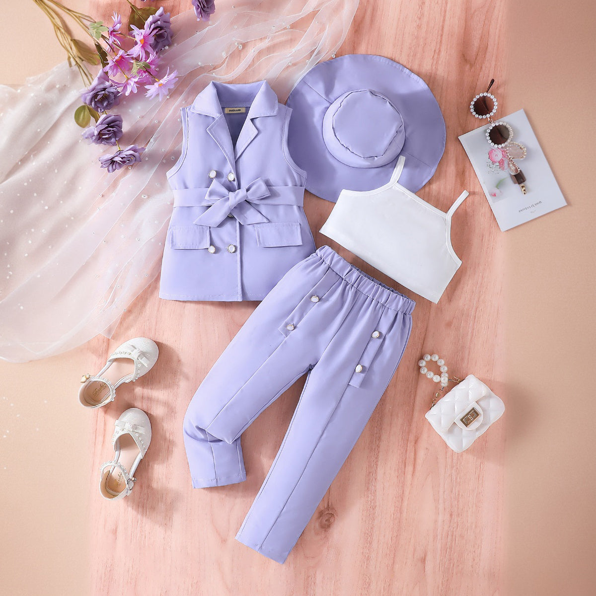 Girls Purple Sleeveless Jacket With Camisole Top And Pants Sets 3 pc. Sets Purple 3-4 Y