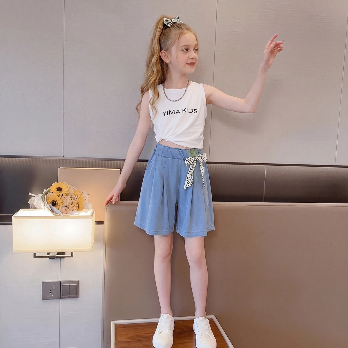 Girls Blue Bow Applique Loose Fit Denim Shorts Shorts Blue 5-6 Y