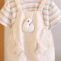 Girls Beige Toy Applique Dungaree With Short Sleeve Stripes T-Shirt Sets 2 pc. Sets