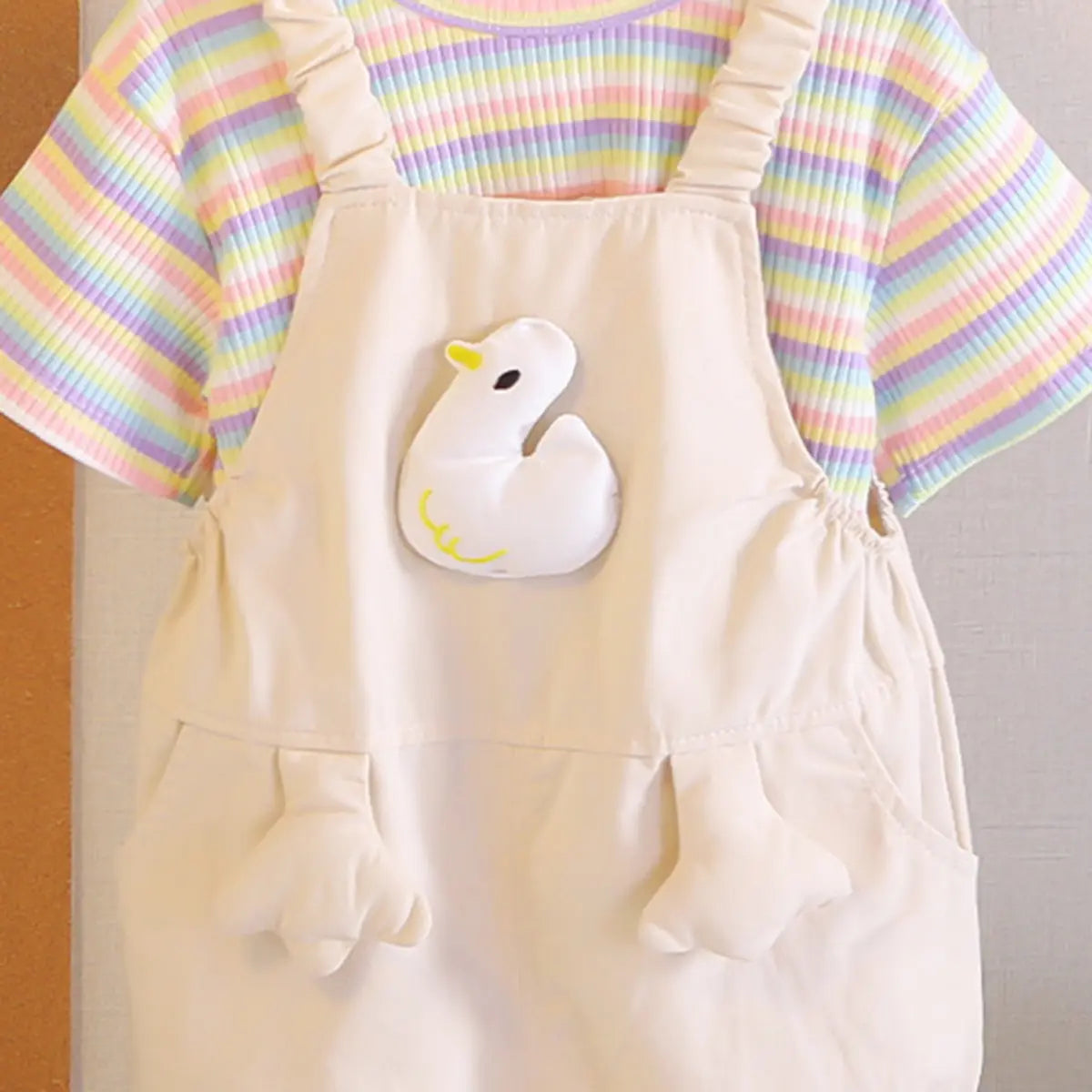 Girls Beige Toy Applique Dungaree With Short Sleeve Stripes T-Shirt Sets 2 pc. Sets