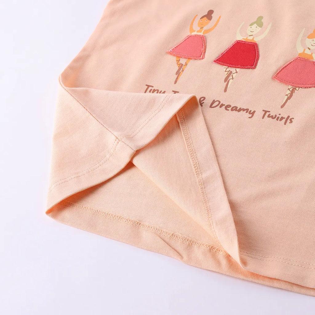 Girls Peach Graphic Short Sleeve Top With Drawcord Printed Shorts Sets Sets