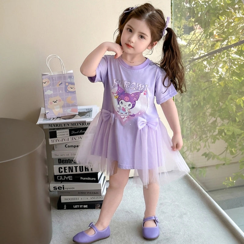 Girls Purple Printed Round Neck T-Shirt Dress with Bow Detail Casual Dresses Purple 1-2 Y
