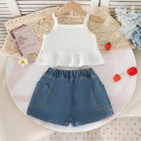 Girls Purple 3D Strawberry Applique Sleeveless Top With Denim Shorts Set Sets
