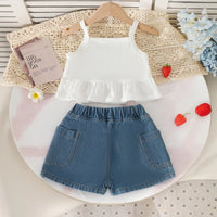 Girls Purple 3D Strawberry Applique Sleeveless Top With Denim Shorts Set Sets