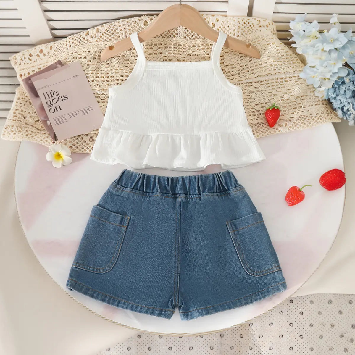 Girls Purple 3D Strawberry Applique Sleeveless Top With Denim Shorts Set Sets
