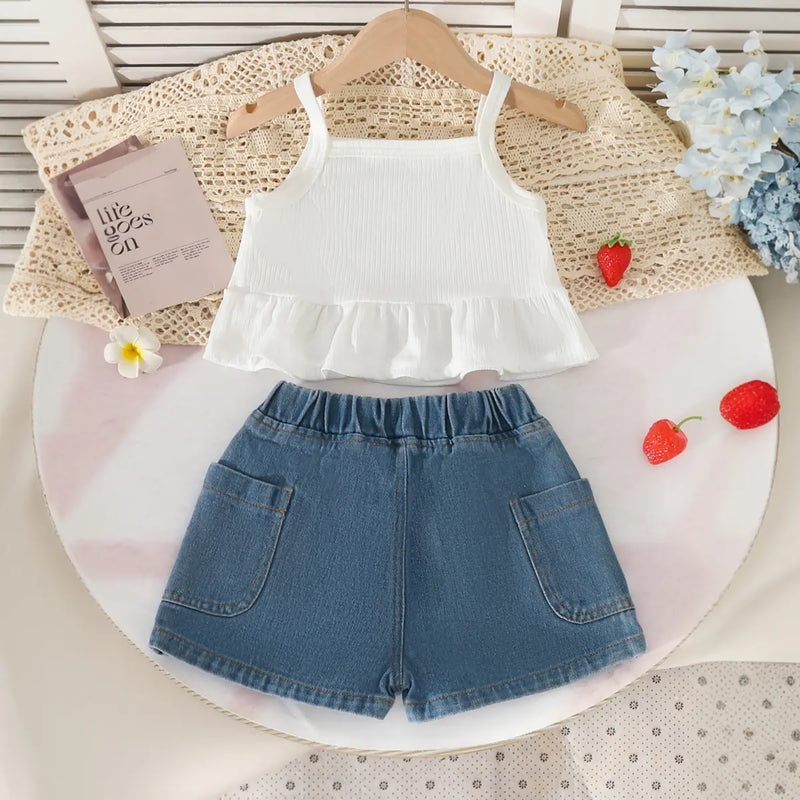 Girls Purple 3D Strawberry Applique Sleeveless Top With Denim Shorts Set Sets