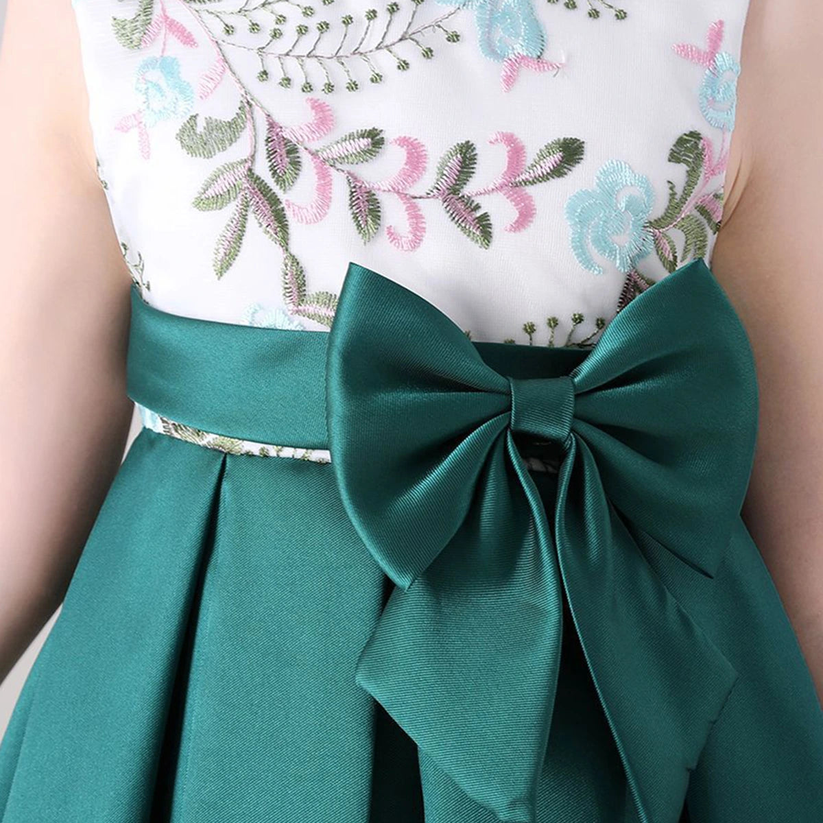 Girls Green Embroidered Sleeveless High-Low Party Wear Dress Party Dresses