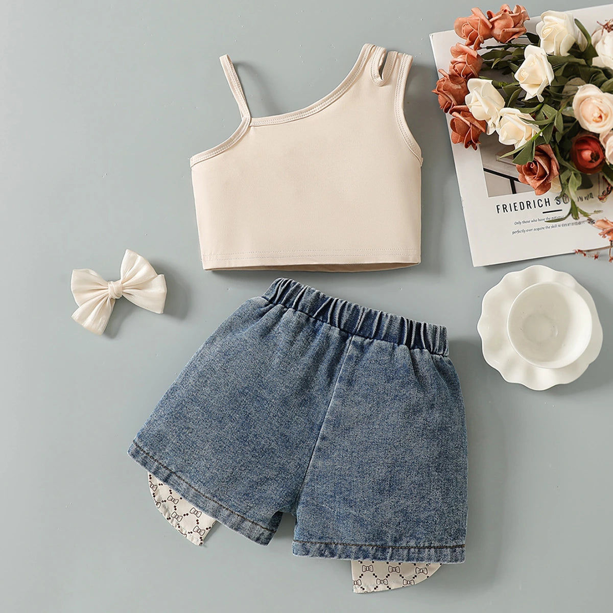 Girls Beige Sleeveless Top With Denim Shorts Sets 2 pc. Sets