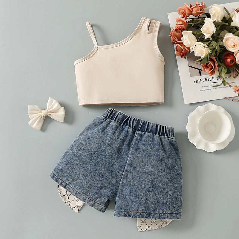 Girls Beige Sleeveless Top With Denim Shorts Sets 2 pc. Sets