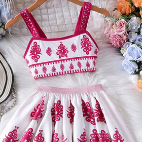 Girls Pink Ethnic Print Sleeveless Top With Skirt Sets 2 pc. Sets