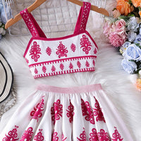 Girls Pink Ethnic Print Sleeveless Top With Skirt Sets 2 pc. Sets