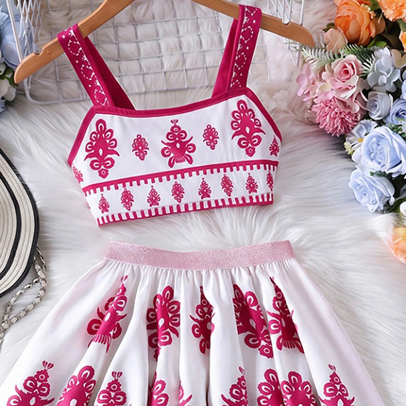 Girls Pink Ethnic Print Sleeveless Top With Skirt Sets 2 pc. Sets