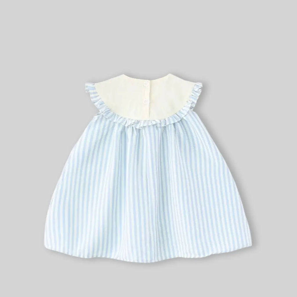 Girls Light Blue Stripes Sleeveless A-line Dress With Seaboat Embroidery Casual Dresses