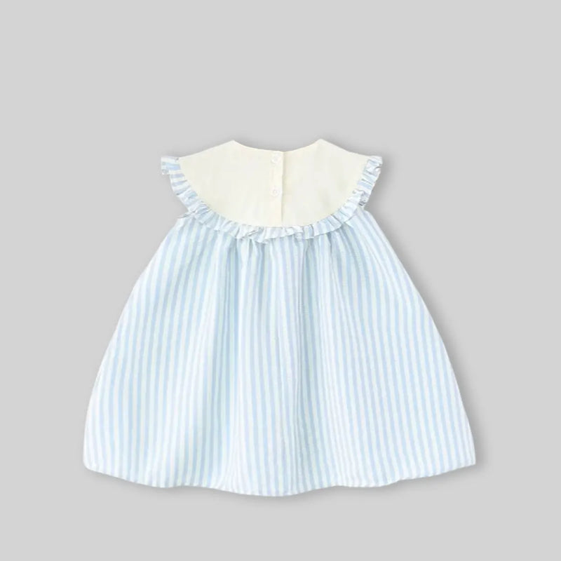 Girls Light Blue Stripes Sleeveless A-line Dress With Seaboat Embroidery Casual Dresses