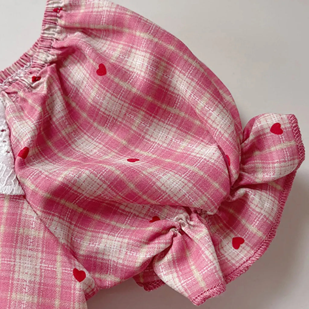 Girls Red Checked A-line Dress With Bow & Lace Trim Casual Dresses