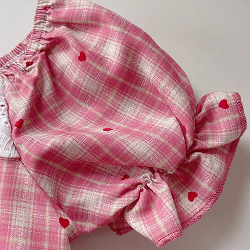 Girls Red Checked A-line Dress With Bow & Lace Trim Casual Dresses