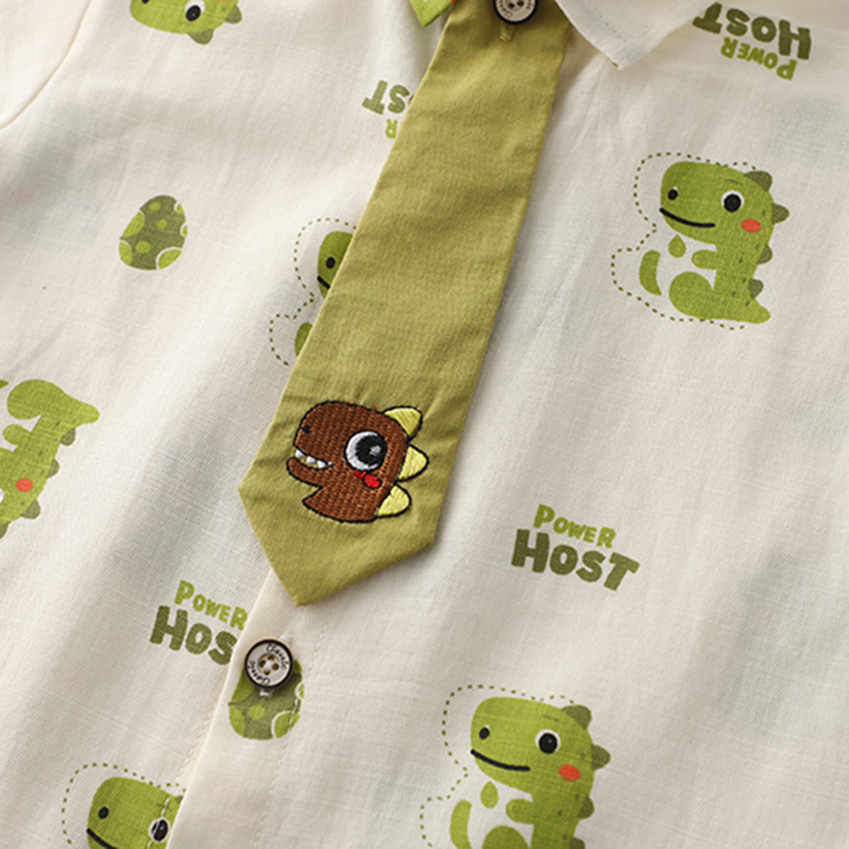 Boys Green Dino Printed Shirt With attached Tie & Shorts Set Sets