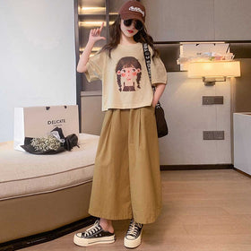 Girls Short Sleeve Graphic T-Shirt With Wide Leg Pants Set Sets Beige 6-7 Y 