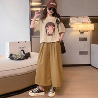 Girls Short Sleeve Graphic T-Shirt With Wide Leg Pants Set Sets Beige 6-7 Y 