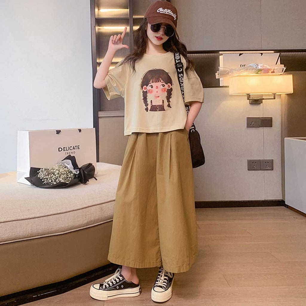 Girls Short Sleeve Graphic T-Shirt With Wide Leg Pants Set