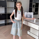 Girls Light Blue Embroidered Relaxed Fit Denim Shorts