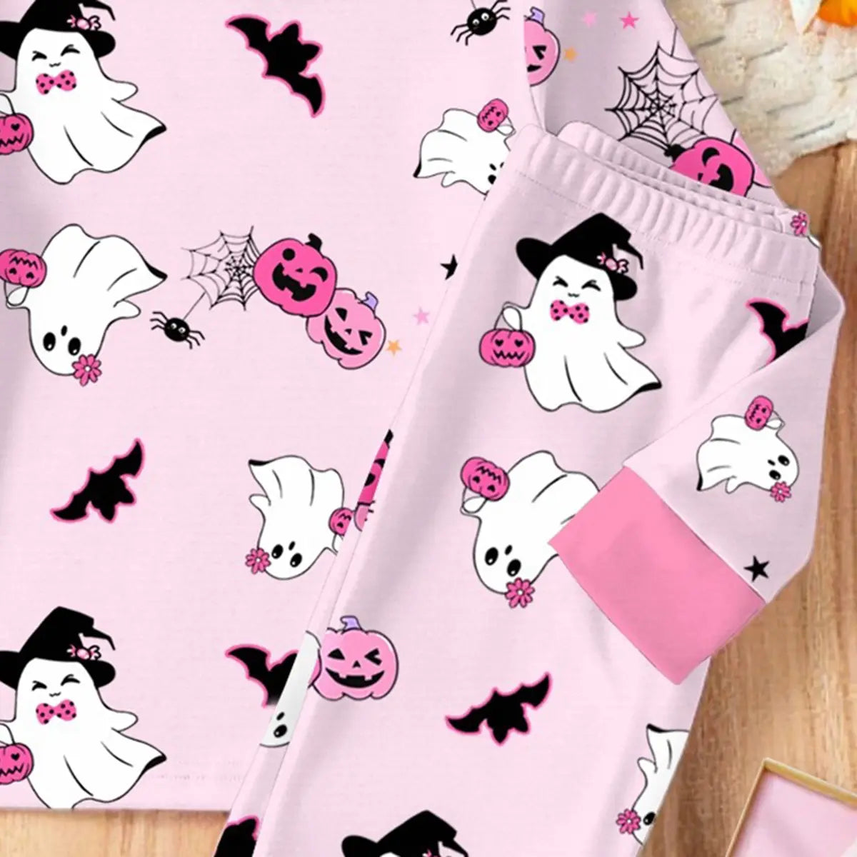 Girls Pink Halloween Theme Printed T-Shirt With Jogger Co-ord Sets 2 pc. Sets