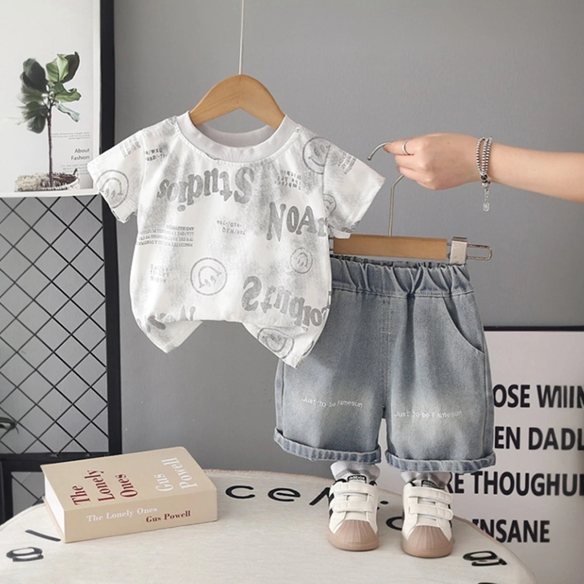 Boys Off White Typographic Printed Short Sleeve T-shirt With Denim Shorts Sets 2 pc. Sets Off White 1-2 Y
