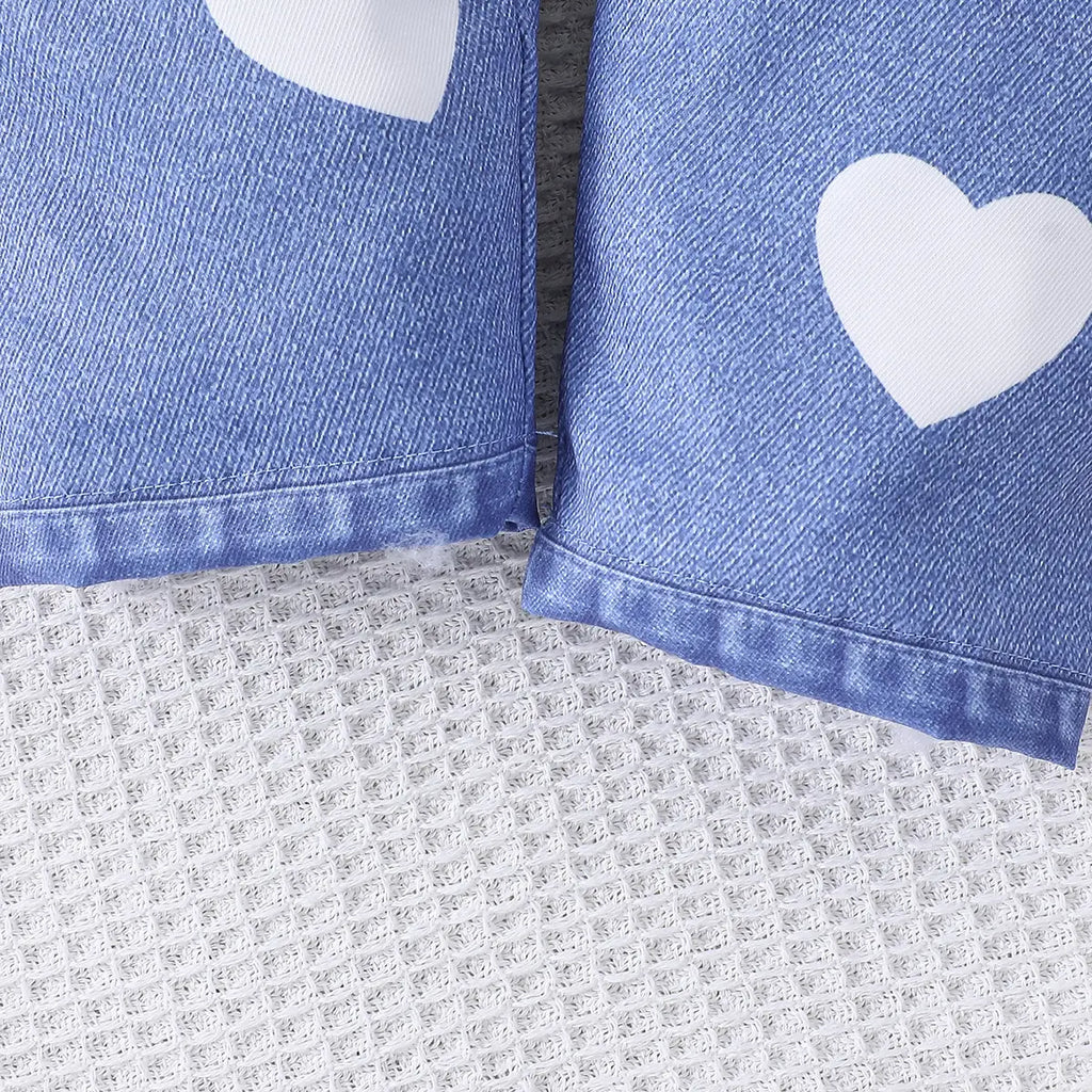 Girls Blue Heart Printed Faux Denim Vest & Pants With Long Sleeves Top Sets Sets