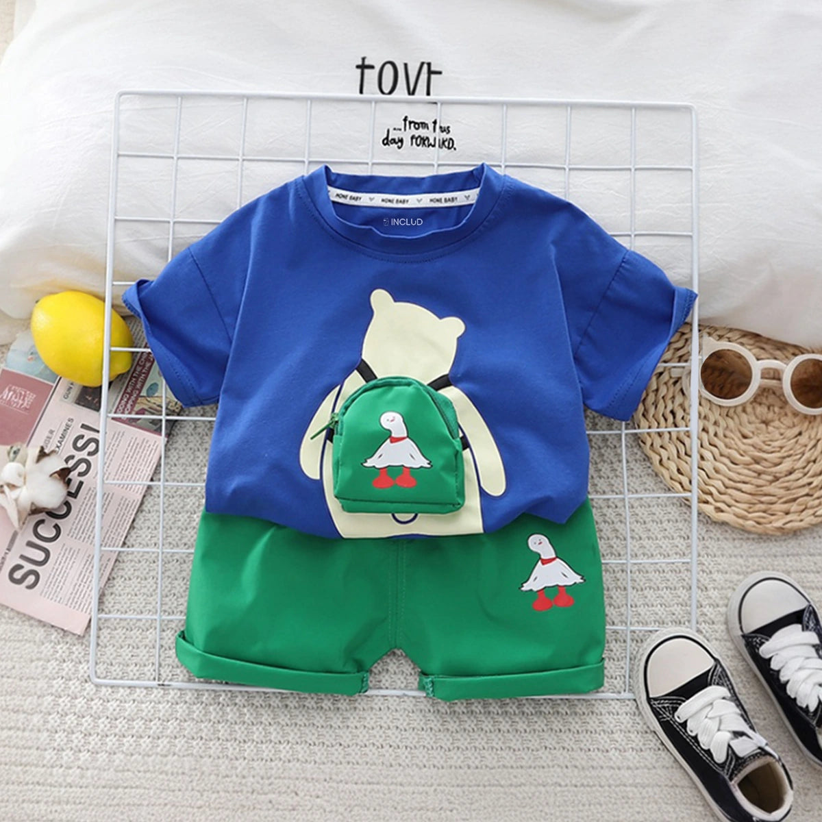 Boys Blue Bear Printed Short Sleeve T-Shirt With Shorts Sets 2 pc. Sets Blue 1-2 Y