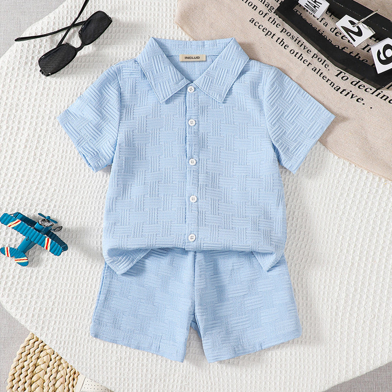 Boys Sky Blue Textured Short Sleeves Shirt With Shorts Set 2 pc. Sets Sky Blue 3-4 Y