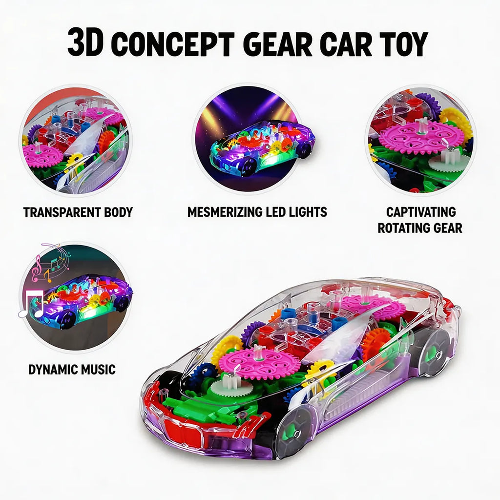 Kids 3D Transparent Gear Concept Car Toy with Lights Trending Accessories