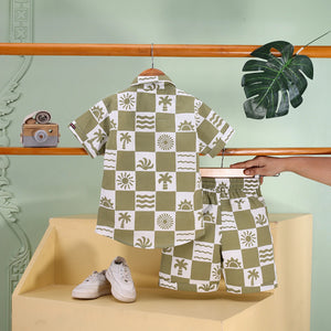 Boys Green Tropical Print Checked Shirt With T-Shirt And Shorts Sets 3 pc. Sets