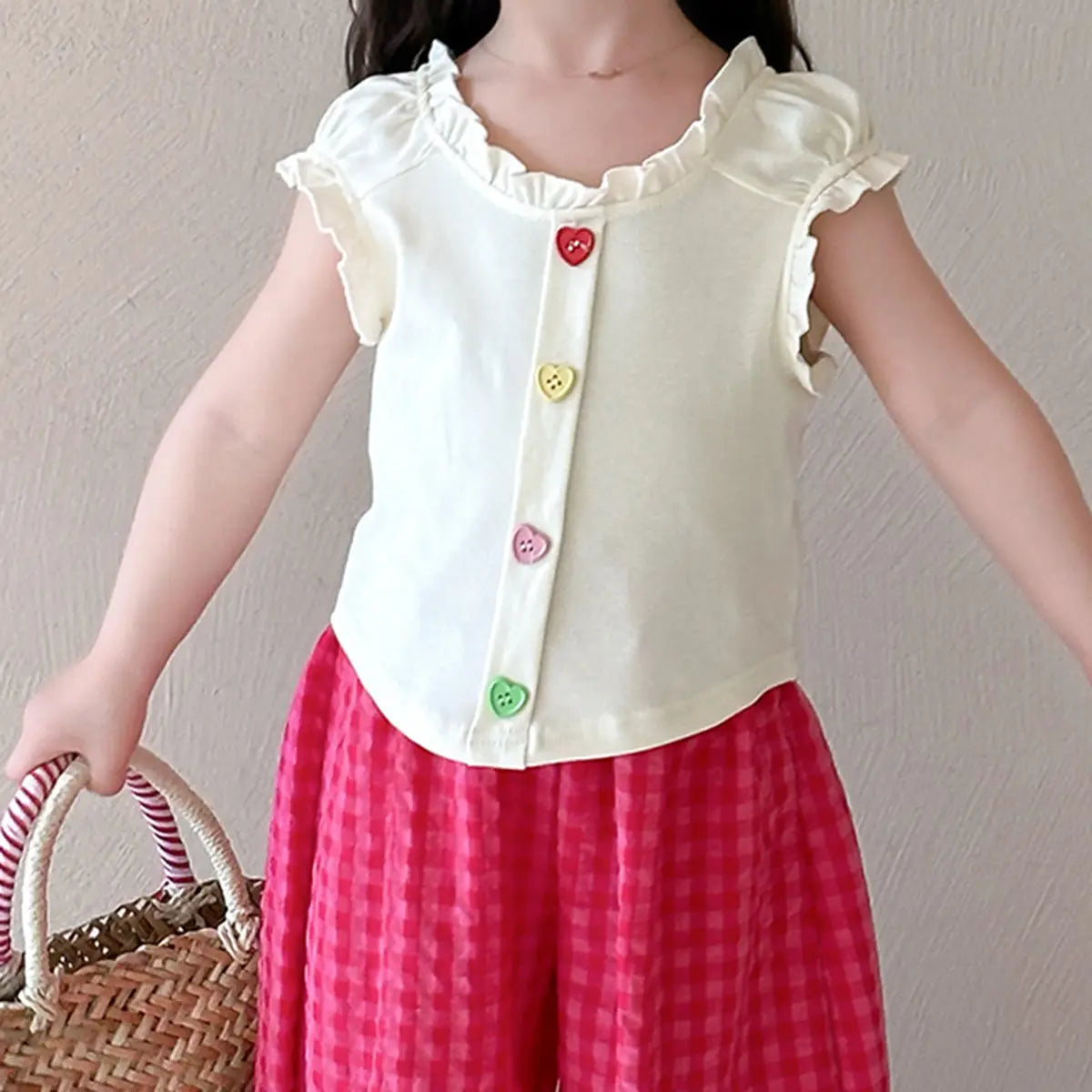 Girls Beige Heart Button Ruffle Top With Checked Pants Sets Sets