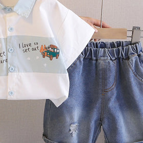 Boys Blue Car Graphic Short Sleeve Shirt With Denim Shorts Sets 2 pc. Sets