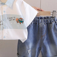 Boys Blue Car Graphic Short Sleeve Shirt With Denim Shorts Sets 2 pc. Sets