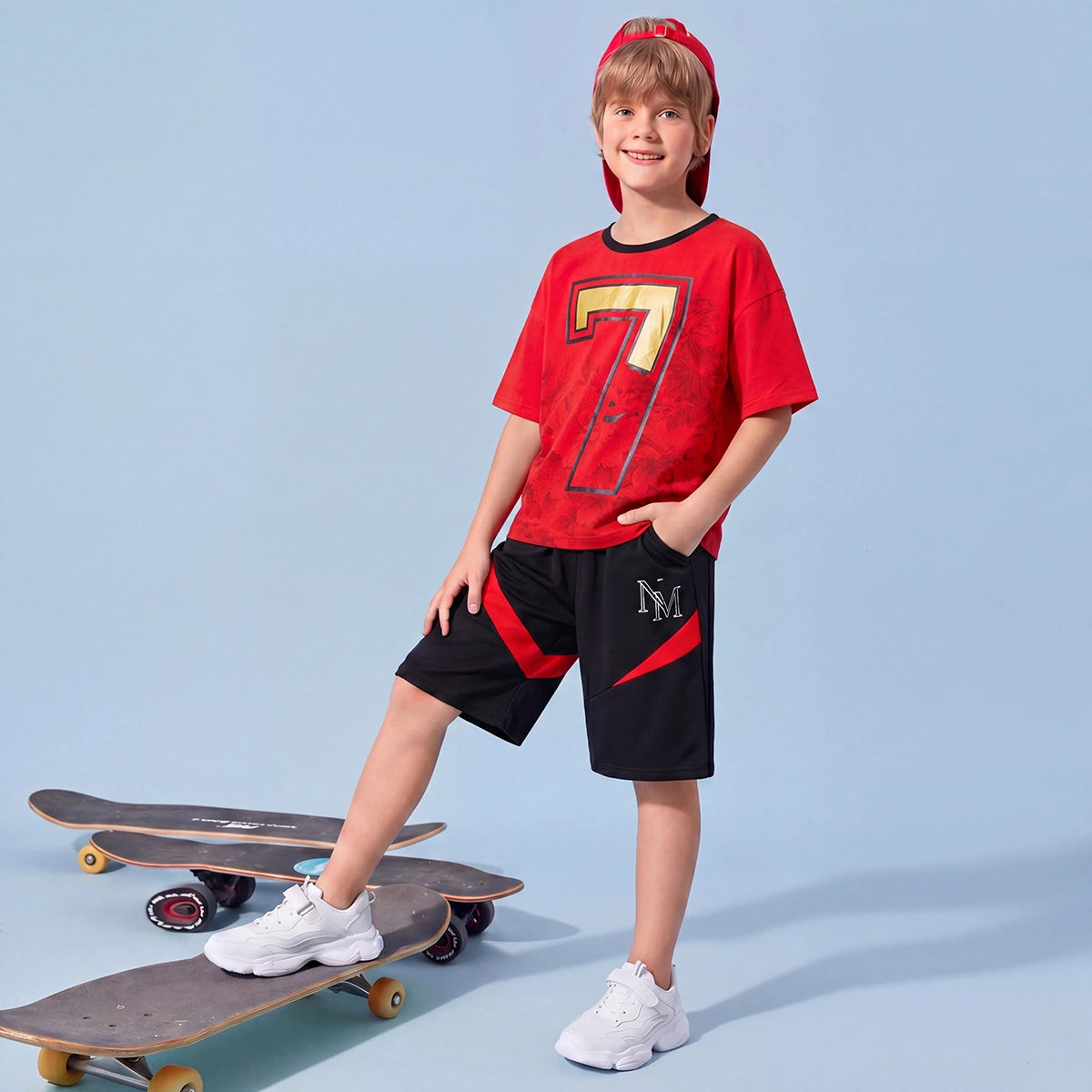 Boys Red Graphic Short Sleeve T-Shirt With Shorts Sets 2 pc. Sets Red 3-4 Y
