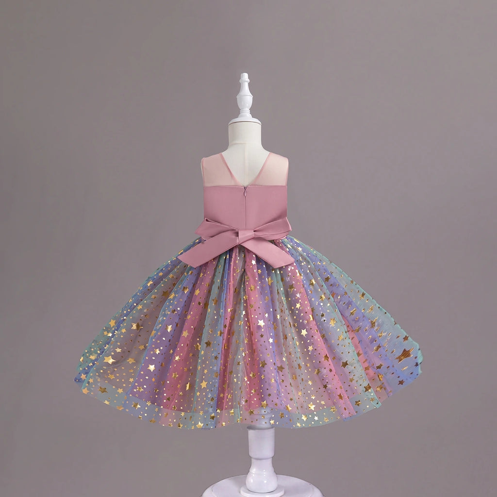 Girls Pink Star Foil Print Sleeveless Fit & Flare Party Wear Dress Party Dresses