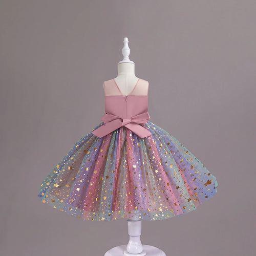 Girls Pink Star Foil Print Sleeveless Fit & Flare Party Wear Dress Party Dresses